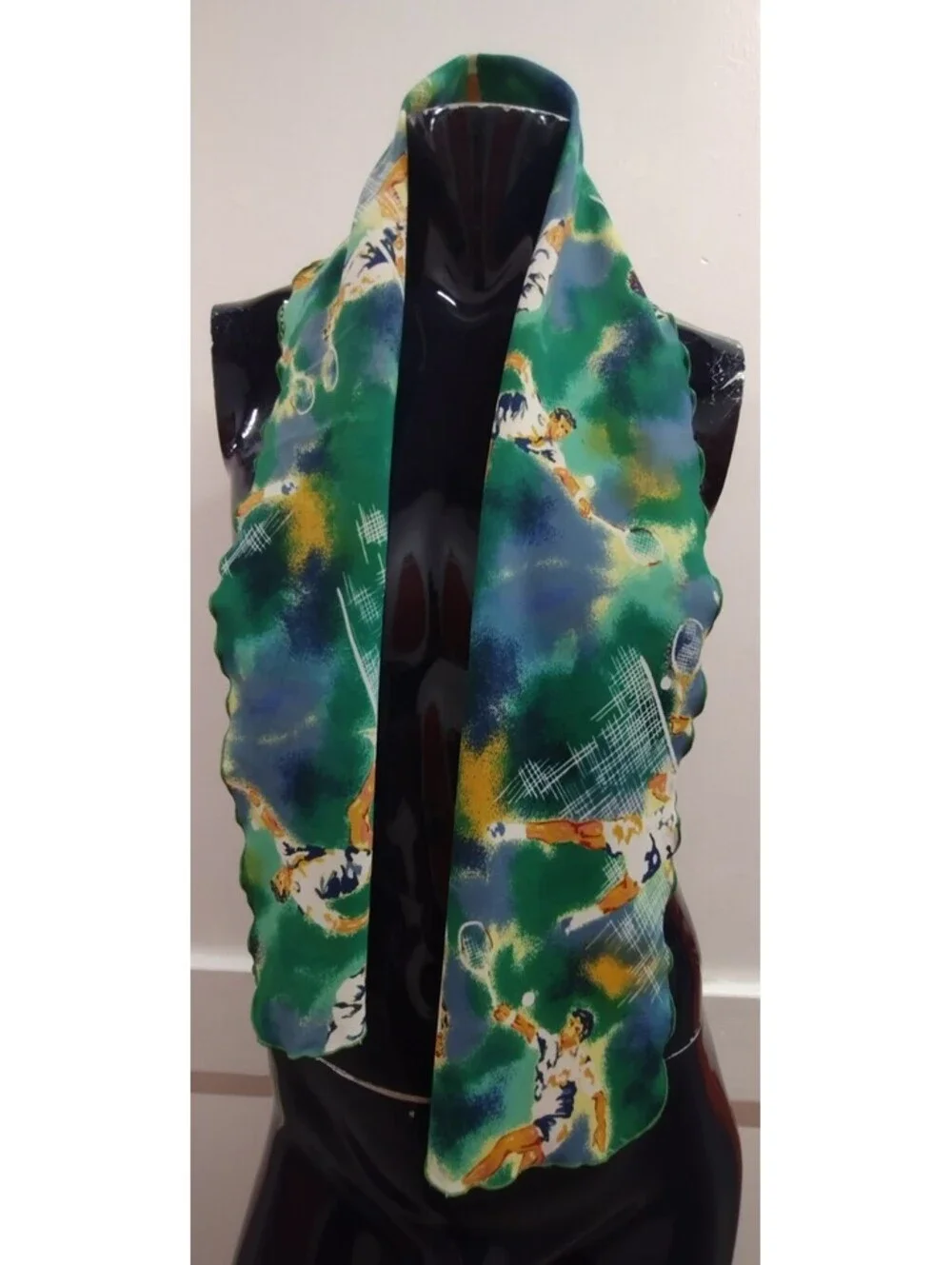 Vintage 60s 70s Oblong Long Scarf TENNIS PLAYERS Green White Blue Lettuce Edge